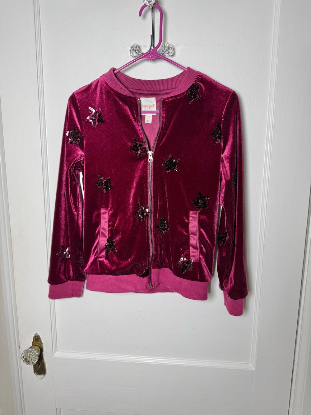 Cat & Jack Burgundy Pink Velour Bomber Star Sequin Jacket Kid's Size XL